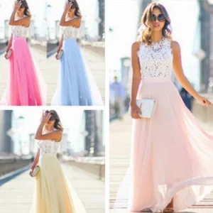 Chiffon dress with lace stitching, overlength, formal dress, dropshipping