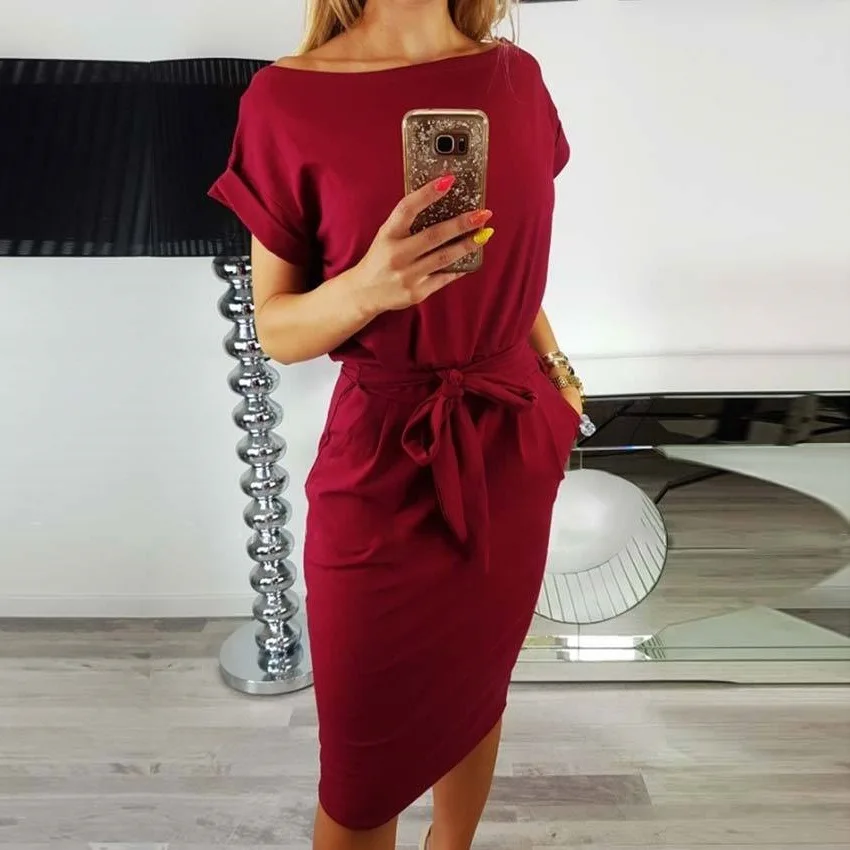 Summer Fashion Women Casual Short Sleeve O-Neck Straight Black Gray Blue Dress Loose Plus Size Pocket Cotton Midi Dress - Image 3