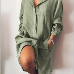 Solid color pocket loose casual long sleeve shirt dress Women Loose Solid Dresses Turn Down Casual Ladies Office Shirt Dresses